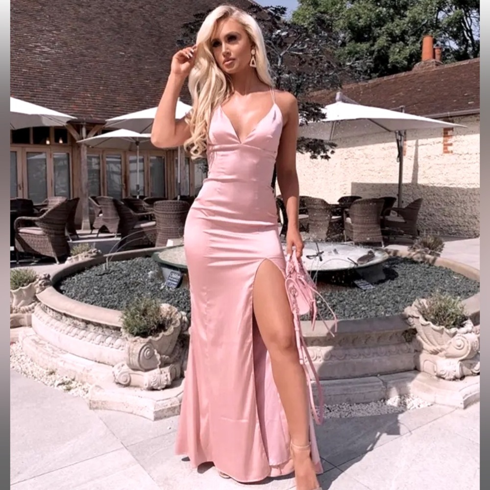 Meshki Elizabeth Satin Strappy Back Maxi Dress with Slit Size Small Dusty Pink